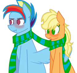 Size: 777x729 | Tagged: safe, artist:puffydashie01, imported from derpibooru, applejack, rainbow dash, pony, appleblitz (straight), blushing, clothes, half r63 shipping, hug, rainbow blitz, rule 63, scarf, shared clothing, shared scarf, shipping, simple background, transparent background, winghug