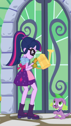 Size: 1242x2208 | Tagged: safe, imported from derpibooru, screencap, sci-twi, spike, spike the regular dog, twilight sparkle, dog, equestria girls, equestria girls series, my little shop of horrors, apron, boots, celestia's house, clothes, cute, glasses, gloves, looking at each other, ponytail, shoes, spikabetes, squatting, twiabetes, watering can