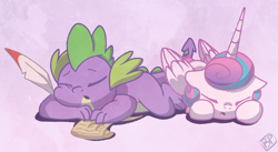 Size: 3650x2000 | Tagged: safe, artist:glitterstar2000, imported from derpibooru, princess flurry heart, spike, alicorn, dragon, pony, baby, baby pony, horn, quill, scroll, sleeping, wings