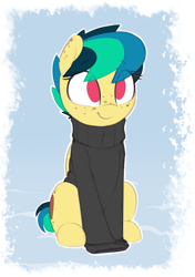 Size: 1347x1914 | Tagged: safe, artist:shinodage, imported from derpibooru, oc, oc only, oc:apogee, pegasus, pony, abstract background, clothes, cute, diageetes, eye clipping through hair, female, filly, freckles, long sleeves, no pupils, ocbetes, shinodage is trying to murder us, sitting, smiling, solo, sweater, turtleneck