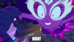 Size: 1280x720 | Tagged: safe, edit, edited screencap, imported from derpibooru, screencap, sci-twi, twilight sparkle, equestria girls, legend of everfree, boo, dialogue, faic, female, image macro, jumpscare, meme, midnight sparkle, nightmare