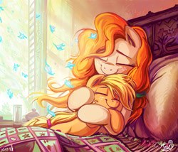 Size: 1199x1027 | Tagged: safe, artist:jowyb, artist:jowybean, imported from derpibooru, applejack, pear butter, earth pony, pony, bed, bright, color porn, cottagecore, cute, daaaaaaaaaaaw, duo, equestria's best mother, eyes closed, featured image, feels, female, filly, filly applejack, flower petals, freckles, happy, heartwarming, hnnng, hug, jackabetes, jowybean is trying to murder us, mare, morning ponies, mother and child, mother and daughter, pearabetes, petals, pillow, precious, smiling, sweet dreams fuel, weapons-grade cute, wholesome, younger