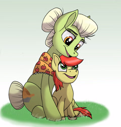 Size: 4784x5004 | Tagged: safe, artist:celestial-rainstorm, imported from derpibooru, bright mac, granny smith, earth pony, pony, absurd resolution, colt, female, male, mare, mother and son, sitting, young granny smith, younger