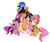 Size: 2658x2241 | Tagged: safe, artist:jake heritagu, imported from derpibooru, oc, oc only, oc:little tweenframes, oc:sparkling sapphire, earth pony, pegasus, pony, unicorn, magical lesbian spawn, offspring, parent:sci-twi, parent:sunset shimmer, parents:scitwishimmer, ponies riding ponies, pony hat, riding, simple background, white background