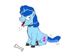Size: 1024x709 | Tagged: safe, artist:horsesplease, imported from derpibooru, party favor, behaving like a dog, bone, collar, derp, doggie favor, drool, fangs, happy, i didn't listen, implied brian the balloon animal, meme, paint tool sai, panting, sitting, smiling, tail wag, tongue out, year of the dog