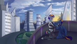 Size: 1024x588 | Tagged: safe, artist:shini951, artist:shinizavr, imported from derpibooru, oc, oc only, anthro, human, pegasus, pony, unguligrade anthro, anthro with ponies, cloud, commission, crying, cyberpunk, dawn, father and daughter, female, future, futuristic, implied human on pony action, implied interspecies, male, road, skyscraper, stallion, tears of joy