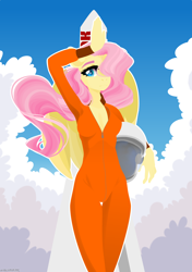 Size: 4500x6404 | Tagged: safe, artist:eiirine, artist:glastalinka, imported from derpibooru, fluttershy, anthro, absurd resolution, astronaut, cloud, female, helmet, looking at you, mare, skinny, sky, solo, spacesuit