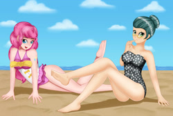 Size: 2700x1800 | Tagged: safe, artist:focusb, imported from derpibooru, cloudy quartz, pinkie pie, human, equestria girls, adoraquartz, beach, cloud, cloudy, cute, diapinkes, duo, duo female, feet, female, humanized, looking at you, mother and daughter, pie family