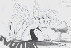 Size: 2000x1365 | Tagged: source needed, useless source url, safe, artist:ncmares, imported from derpibooru, twilight sparkle, oc, oc:anon, alicorn, human, pony, cheek fluff, chest fluff, dialogue, ear fluff, female, giant pony, grayscale, growth, macro, mare, mega twilight sparkle, monochrome, onomatopoeia, simple background, spread wings, text, tree, twilight sparkle (alicorn), white background, wings