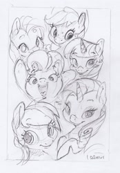 Size: 1413x2025 | Tagged: safe, artist:dilarus, deleted from derpibooru, imported from derpibooru, applejack, fluttershy, pinkie pie, rainbow dash, rarity, twilight sparkle, earth pony, pegasus, pony, unicorn, bust, female, grayscale, mane six, mare, monochrome, open mouth, raised hoof, signature, simple background, sketch, traditional art, white background