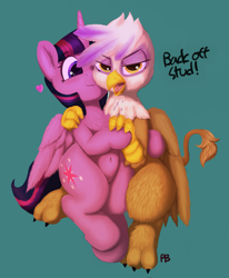 Size: 1493x1813 | Tagged: safe, artist:pabbley, artist:transgressors-reworks, edit, imported from derpibooru, gilda, twilight sparkle, alicorn, griffon, pony, belly button, colored, crack shipping, cute, dialogue, female, gildadorable, lesbian, looking at you, shipping, simple background, twiabetes, twilda, twilight sparkle (alicorn), waifu thief