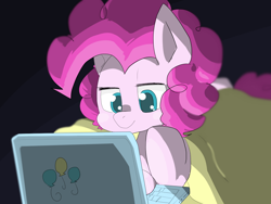 Size: 1280x960 | Tagged: safe, artist:temmie720, imported from derpibooru, pinkie pie, earth pony, pony, black background, blanket, computer, cute, diapinkes, female, laptop computer, lidded eyes, prone, simple background, solo