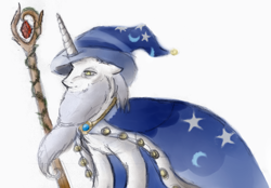 Size: 1994x1391 | Tagged: safe, artist:remains, imported from derpibooru, star swirl the bearded, pony, unicorn, alternate versions at source, floppy ears, magic staff, male, simple background, solo, white background