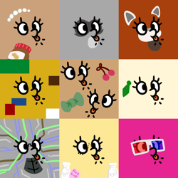 Size: 600x600 | Tagged: safe, artist:jargon scott, imported from derpibooru, oc, oc only, oc:bandy cyoot, oc:blocky bits, oc:brownie bun, oc:cherry sweetheart, oc:fizzy pop, oc:milky way, oc:pandy cyoot, oc:penny inkwell, oc:robopone, oc:stella cherry, red panda pony, 3d glasses, :p, ear piercing, earring, face, food, jewelry, nonet, peanut butter, piercing, tongue out