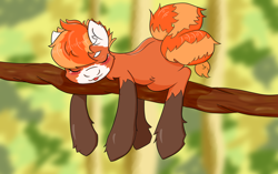 Size: 2300x1440 | Tagged: safe, artist:kittytitikitty, imported from derpibooru, oc, oc:pandy cyoot, red panda pony, :p, silly, sleeping, tongue out