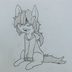 Size: 3120x3120 | Tagged: safe, artist:shpace, imported from derpibooru, oc, oc only, oc:floor bored, earth pony, pony, clothes, ear fluff, female, grayscale, hair over one eye, hoodie, mare, messy mane, monochrome, sitting, solo, traditional art