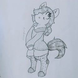 Size: 2659x2658 | Tagged: safe, artist:shpace, imported from derpibooru, oc, oc only, oc:floor bored, earth pony, pony, /ourgirl/, bags under eyes, bipedal, clothes, ear fluff, female, grayscale, hair over one eye, hoodie, mare, monochrome, socks, solo, striped socks, traditional art