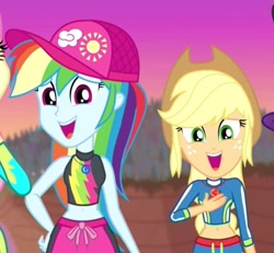 Size: 444x410 | Tagged: safe, imported from derpibooru, screencap, applejack, rainbow dash, aww... baby turtles, equestria girls, equestria girls series, belly button, bikini, bikini top, cap, clothes, cropped, cute, dashabetes, female, hand on chest, hat, jackabetes, midriff, swimming trunks, swimsuit