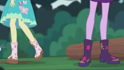 Size: 2208x1242 | Tagged: safe, imported from derpibooru, screencap, fluttershy, sci-twi, twilight sparkle, butterfly, equestria girls, equestria girls series, stressed in show, stressed in show: fluttershy, boots, clothes, legs, log, pictures of legs, raised leg, shoes, skirt