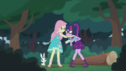 Size: 2208x1242 | Tagged: safe, imported from derpibooru, screencap, angel bunny, fluttershy, sci-twi, twilight sparkle, butterfly, equestria girls, equestria girls series, stressed in show, stressed in show: fluttershy, boots, geode of telekinesis, glasses, lidded eyes, log, magical geodes, mud, muddy, ponytail, shoes