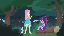 Size: 2208x1242 | Tagged: safe, imported from derpibooru, screencap, angel bunny, fluttershy, sci-twi, twilight sparkle, butterfly, equestria girls, equestria girls series, stressed in show, stressed in show: fluttershy, boots, clothes, glasses, log, ponytail, shoes, skirt