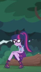 Size: 1242x2208 | Tagged: safe, imported from derpibooru, screencap, sci-twi, twilight sparkle, equestria girls, equestria girls series, stressed in show, stressed in show: fluttershy, boots, bowtie, clothes, cute, female, geode of telekinesis, glasses, log, magical geodes, mud, muddy, ponytail, shoes, skirt, solo, stressed, twiabetes