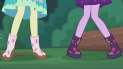 Size: 2208x1242 | Tagged: safe, imported from derpibooru, screencap, fluttershy, sci-twi, twilight sparkle, butterfly, equestria girls, equestria girls series, stressed in show, stressed in show: fluttershy, boots, legs, log, mud, muddy, pictures of legs, shoes