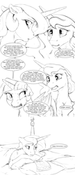 Size: 2640x6120 | Tagged: safe, artist:silfoe, imported from derpibooru, princess celestia, princess luna, twilight sparkle, alicorn, pony, royal sketchbook, adventure in the comments, angry, anniversary, argument, bed, black and white, crossed hooves, crying, derail in the comments, description is relevant, dialogue, discussion in the comments, duckery in the comments, female, grayscale, lesbian, letter, mare, monochrome, prone, royal sisters, sad, shipping, simple background, speech bubble, teary eyes, twilight sparkle (alicorn), twiluna, white background