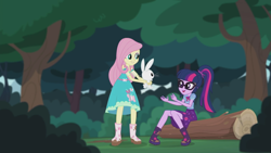 Size: 2208x1242 | Tagged: safe, imported from derpibooru, screencap, angel bunny, fluttershy, sci-twi, twilight sparkle, butterfly, equestria girls, equestria girls series, stressed in show, stressed in show: fluttershy, boots, clothes, cute, glasses, happy, log, mud, muddy, open mouth, ponytail, shoes, skirt, twiabetes