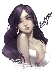 Size: 600x802 | Tagged: safe, artist:corrico, imported from derpibooru, rarity, human, absolute cleavage, beautiful, breasts, bust, cleavage, ear piercing, earring, female, humanized, jewelry, looking at you, piercing, simple background, solo, white background