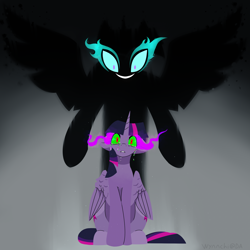 Size: 2800x2800 | Tagged: safe, artist:wynnchi, imported from derpibooru, twilight sparkle, alicorn, pony, equestria girls, crying, dark magic, demonic possession, evil grin, female, grin, inner demons, magic, midnight sparkle, ponified, possessed, smiling, sombra eyes, twilight sparkle (alicorn)