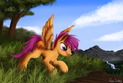 Size: 4850x3300 | Tagged: safe, artist:pony-stark, imported from derpibooru, scootaloo, pony, female, filly, grass, mare, mountain, river, scenery, solo, the cmc's cutie marks, tree, wings