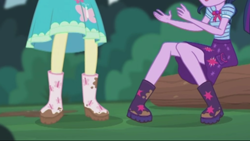 Size: 2208x1242 | Tagged: safe, imported from derpibooru, screencap, fluttershy, sci-twi, twilight sparkle, butterfly, equestria girls, equestria girls series, stressed in show, stressed in show: fluttershy, boots, bowtie, clothes, legs, log, mud, muddy, pictures of legs, shoes, skirt