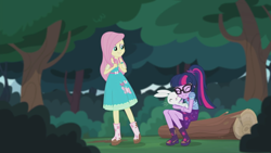 Size: 2208x1242 | Tagged: safe, imported from derpibooru, screencap, angel bunny, fluttershy, sci-twi, twilight sparkle, butterfly, equestria girls, equestria girls series, stressed in show, stressed in show: fluttershy, boots, cute, eyes closed, glasses, log, mud, muddy, nuzzling, ponytail, shoes, twiabetes