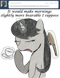 Size: 649x838 | Tagged: safe, artist:erthilo, imported from derpibooru, octavia melody, pony, unicorn, ask octavia, cup, eyes closed, female, mare, race swap, solo, teacup, unicorn octavia, yawn