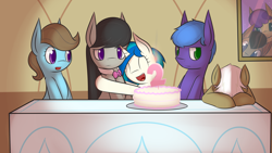 Size: 3200x1800 | Tagged: dead source, safe, artist:erthilo, derpibooru exclusive, imported from derpibooru, beauty brass, concerto, dj pon-3, frederic horseshoepin, octavia melody, parish nandermane, symphony, vinyl scratch, earth pony, pony, unicorn, ask octavia, anniversary, ask, cake, eyes closed, female, food, happy, hug, male, mare, stallion, tumblr, two
