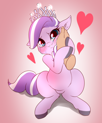 Size: 1280x1543 | Tagged: safe, artist:dankflank, imported from derpibooru, diamond tiara, earth pony, human, pony, 30 minute art challenge, affection, belly, chubby, colored hooves, crying, cute, diamondbetes, disembodied hand, featureless crotch, female, filly, floppy ears, hand, happy, heart, jewelry, looking at you, pink, smiling, solo focus, tears of joy, tiara