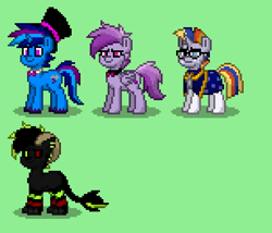 Size: 460x393 | Tagged: safe, artist:insanity-w0lf, imported from derpibooru, oc, oc only, oc:dawning star, oc:thundercast, oc:violet skies, pegasus, pony, unicorn, pony town, bowtie, clothes, female, glasses, green background, hat, male, mare, robe, simple background, stallion, top hat