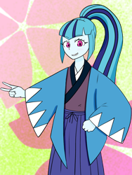 Size: 768x1024 | Tagged: safe, artist:rdash2116108, imported from derpibooru, sonata dusk, equestria girls, clothes, kimono (clothing), peace sign, shinsengumi, simple background