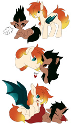 Size: 720x1200 | Tagged: safe, artist:missbramblemele, artist:missmele-madness, imported from derpibooru, oc, oc only, oc:bramble angel mele, oc:rebel flare, bat pony, unicorn, boop, female, male, mare, noseboop, prone, simple background, sleeping, stallion, white background