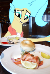 Size: 2628x3869 | Tagged: safe, artist:oceanrailroader, imported from derpibooru, princess skystar, seapony (g4), my little pony: the movie, bagel, bread, cream cheese, food, irl, lox, photo, ponies in real life