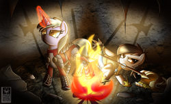 Size: 2800x1700 | Tagged: safe, artist:elmutanto, imported from derpibooru, dinky hooves, pipsqueak, fanfic:where is my love?, armor, fire, older, shadows, trapped