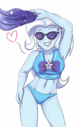 Size: 2728x4417 | Tagged: safe, artist:sumin6301, imported from derpibooru, trixie, equestria girls, equestria girls series, forgotten friendship, adorasexy, armpits, belly button, bikini, bikini bottom, blue bikini, breasts, cleavage, clothes, cute, diatrixes, female, heart, sarong, sexy, simple background, smiling, solo, sunglasses, swimsuit, swimsuit trixie, white background