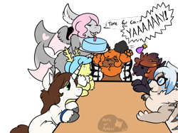 Size: 1000x747 | Tagged: safe, artist:adoeable, artist:mothofamber, imported from derpibooru, oc, oc only, oc:tai, birthday party, cake, dialogue, food, non-mlp oc, party, simple background, table, transparent background