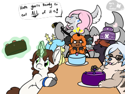 Size: 1000x747 | Tagged: safe, artist:adoeable, artist:mothofamber, imported from derpibooru, oc, oc only, oc:tai, belt, birthday party, cake, dialogue, food, glowing horn, imminent bondage, magic, non-mlp oc, party, simple background, table, telekinesis, this will end in weight gain, transparent background