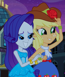 Size: 831x977 | Tagged: safe, imported from derpibooru, screencap, applejack, rarity, equestria girls, equestria girls (movie), bare shoulders, duo, duo female, fall formal outfits, female, grin, holding hands, shipping fuel, sleeveless, smiling, strapless