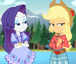 Size: 1283x1079 | Tagged: safe, imported from derpibooru, screencap, applejack, rarity, equestria girls, legend of everfree, camp fashion show outfit, embarrassed, lidded eyes, out of context