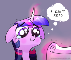 Size: 1200x1006 | Tagged: safe, artist:underpable, edit, imported from derpibooru, twilight sparkle, pony, bust, cropped, crying, eyebrows, eyebrows visible through hair, female, floppy ears, glowing horn, hilarious in hindsight, i never learned to read, illiteracy, magic, mare, reaction image, scroll, simple background, smiling, solo, teary eyes, telekinesis, thought bubble