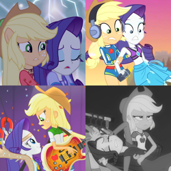 Size: 2048x2048 | Tagged: safe, imported from derpibooru, screencap, applejack, rarity, equestria girls, equestria girls series, legend of everfree, lost and found, rainbow rocks, rarity investigates: the case of the bedazzled boot, applejack is not amused, bass guitar, belly button, catching, clothes, comparison, continuity, cropped, cute, drama queen, duo, female, geode of shielding, geode of super strength, grayscale, hat, headphones, jackabetes, magnet, marshmelodrama, midriff, monochrome, musical instrument, out of context, ponied up, raribetes, rarity investigates (eqg): applejack, shipping fuel, swimsuit, unamused