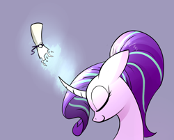 Size: 1200x965 | Tagged: safe, artist:underpable, edit, imported from derpibooru, starlight glimmer, pony, unicorn, bust, cropped, curved horn, eyes closed, female, glowing horn, horn, magic, mare, scroll, simple background, smiling, solo, telekinesis